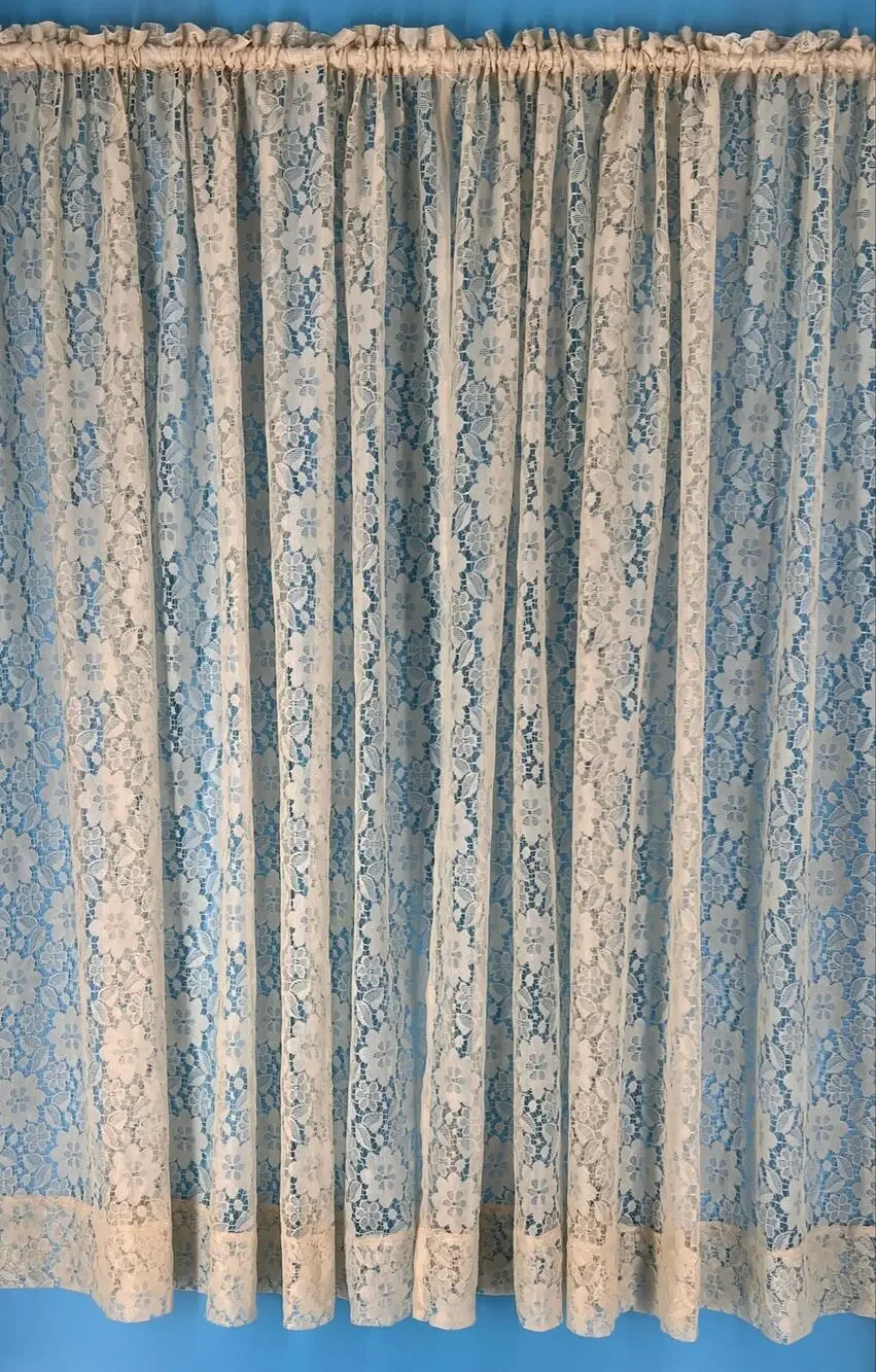 Vintage Cottagecore Lace Curtains Beige Floral Panels 2 Piece Set 80s 1980s